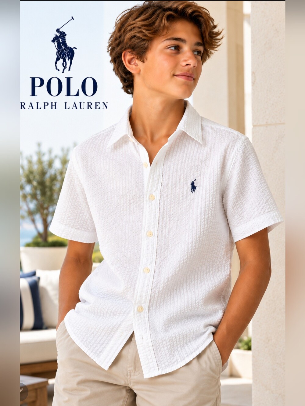 Polo Ralph Lauren Boys White Seersucker Shirt L 14-16